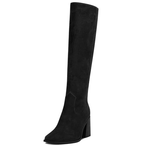 MUCCCUTE Black Knee High Boots for Women - Suede Boots Square Toe Chunky Block Heel with Side Zipper Pull On Tall Boot US Size 9.5 | Amazon (US)