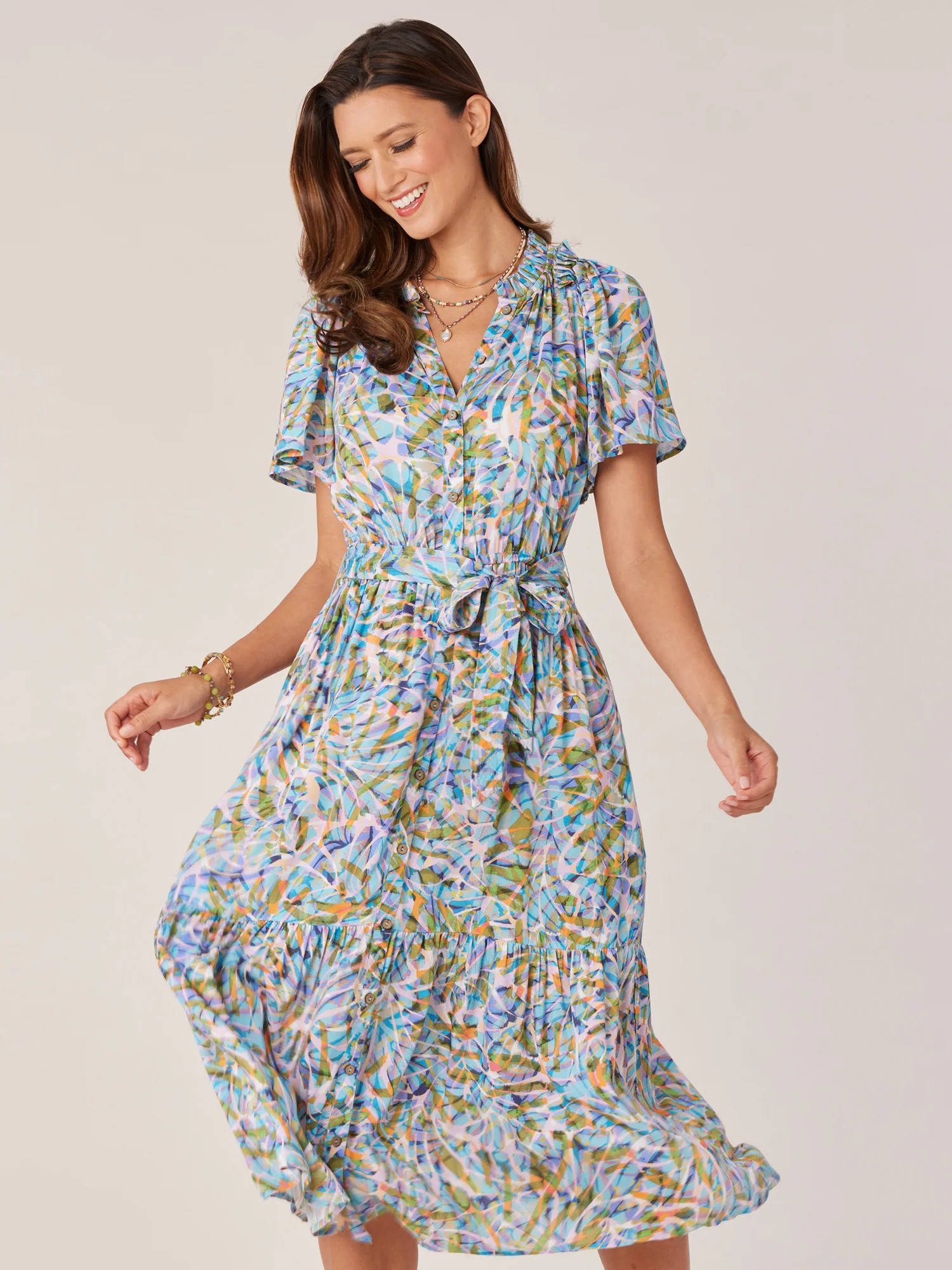 Short Bell Sleeve Ruffle Edge Neck Button Down Printed Woven Dress | Democracy Clothing