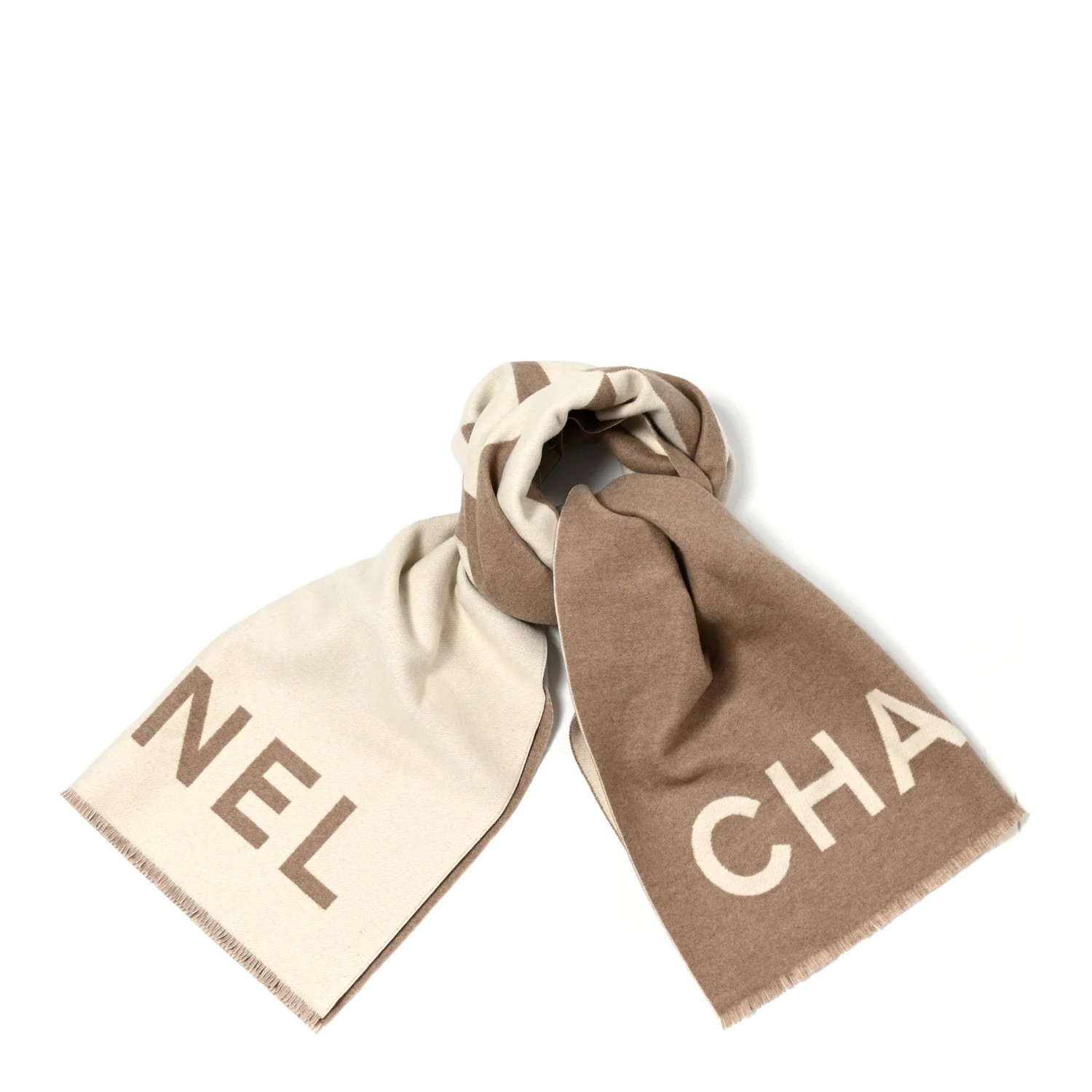 Cashmere CC Fringe Stole Beige White | FASHIONPHILE (US)