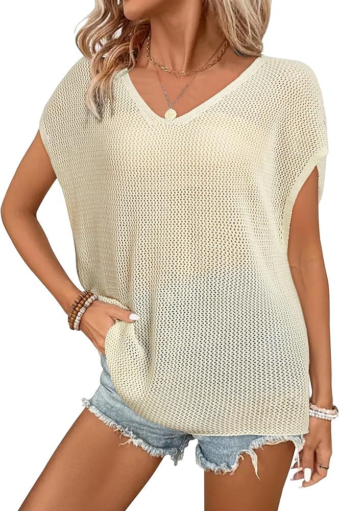 Arach&Cloz 2024 Summer Wool Blended Sweater Vest Women Crochet Tops Short Sleeve Fashion Shirt Ca... | Amazon (US)