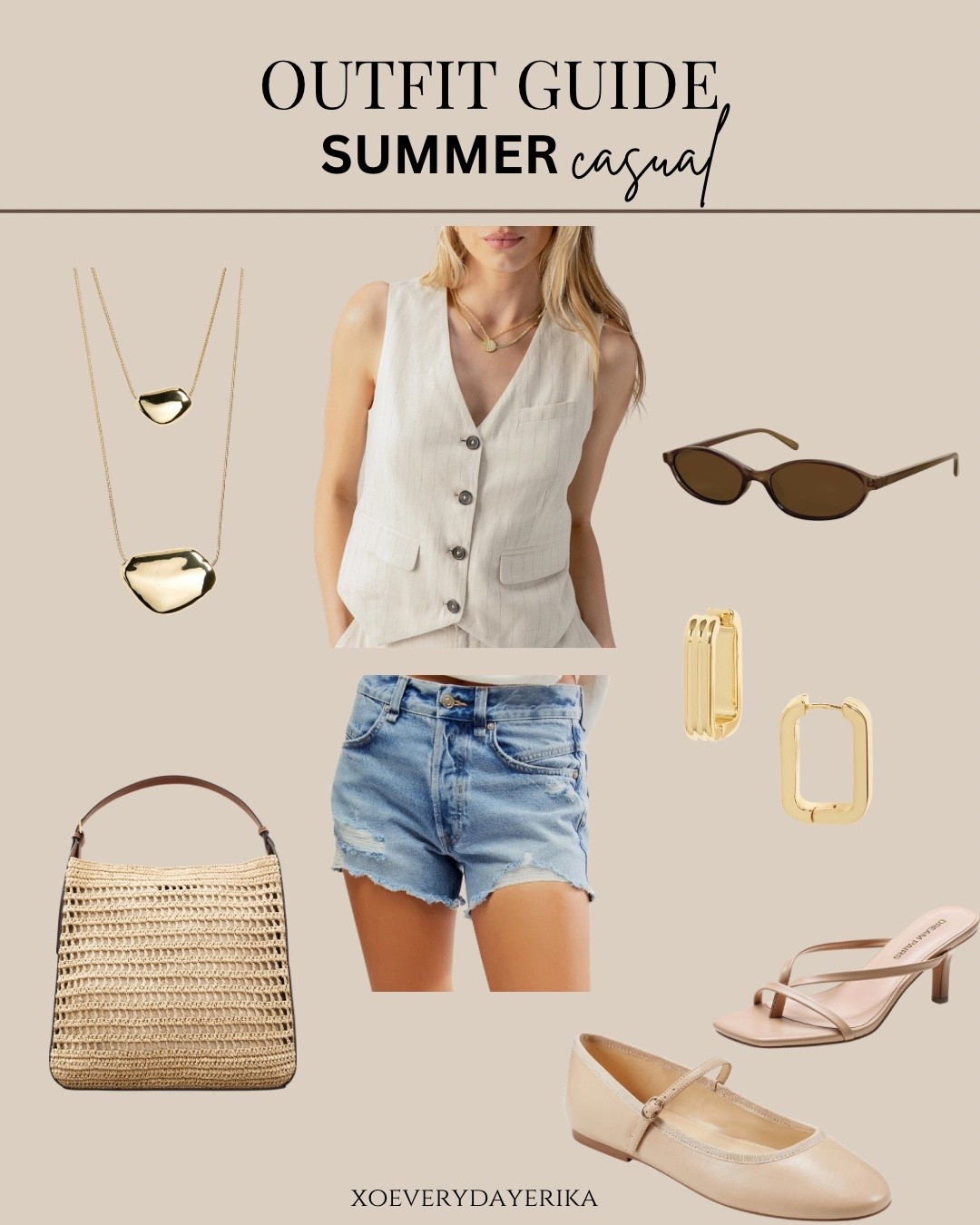 Classic summer look: linen vest, distressed shorts, kitten heels, and oversized sunglasses. Perfect for a day out. #summerstyle #casualchic

#LTKootd #LTKdayinmylife #LTKTravel