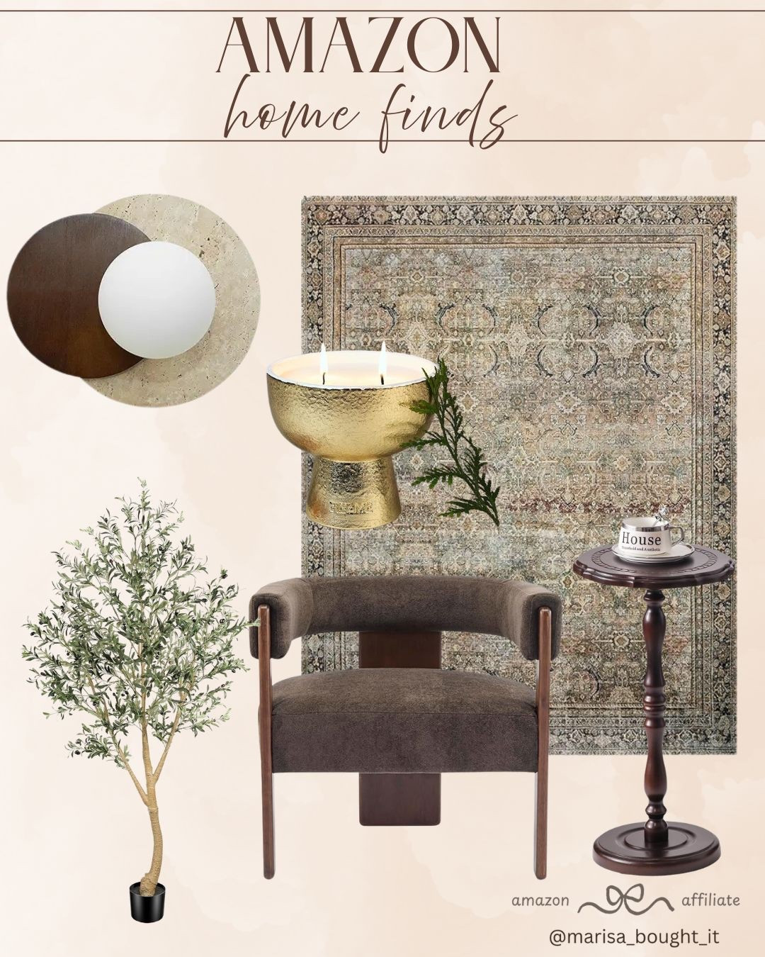 Amazon Home Finds! 🏠

Elevate your living space with these timeless and sophisticated Amazon decor essentials! ✨

I am obsessed with the statement piece: the dark, structured accent chair that brings a touch of modern elegance to any room. Balance the deep tones with natural elements like a faux olive tree and a vintage-inspired medallion rug. Finish the look with warm accents: a gold pedestal candle, a classic dark wood side table, and a unique stone-textured wall light for a polished finish!

#AmazonHome
#HomeDecor
#InteriorDesign
#ModernOrganic
#AmazonFinds
#NeutralHome
#LivingRoomInspo
#HomeRefresh
#AestheticHome
#DecorGoals
#AccentChair
#OliveTree
#VintageRug
#HomeStyling
#LTKHome


#LTKHome