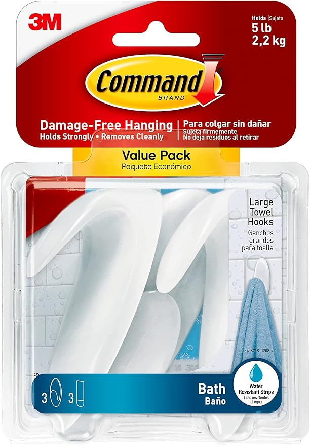 Command Bath Large Towel Hook Value Pack, Clear Frosted, 3-Large Hooks, 3-Water-Resistant Strips,... | Amazon (US)