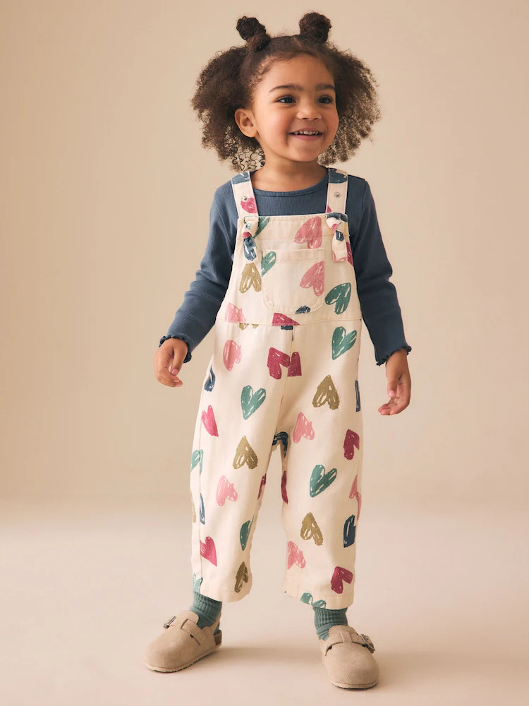 Ecru Heart Print Dungarees and T-Shirt Set (3mths-7yrs) | Next US