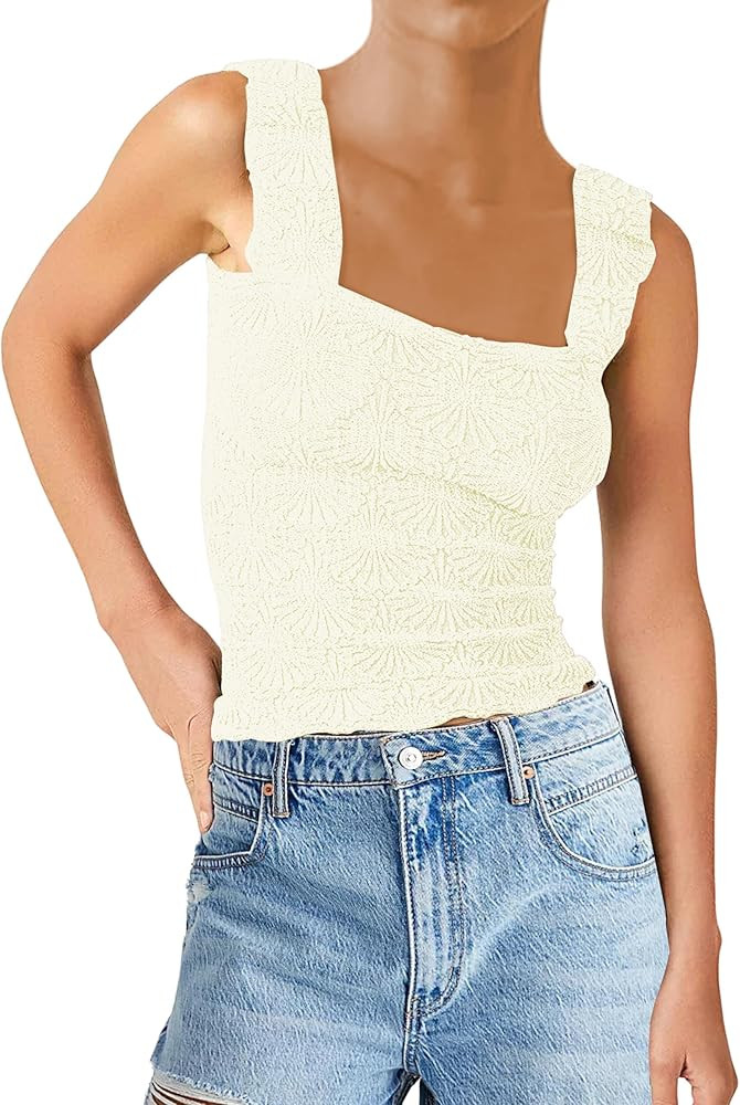 SAFRISIOR Women Square Neck Crop Tank Top Wide Straps Floral Fringe Lettuce Edge Hem Crop Cami Ta... | Amazon (US)