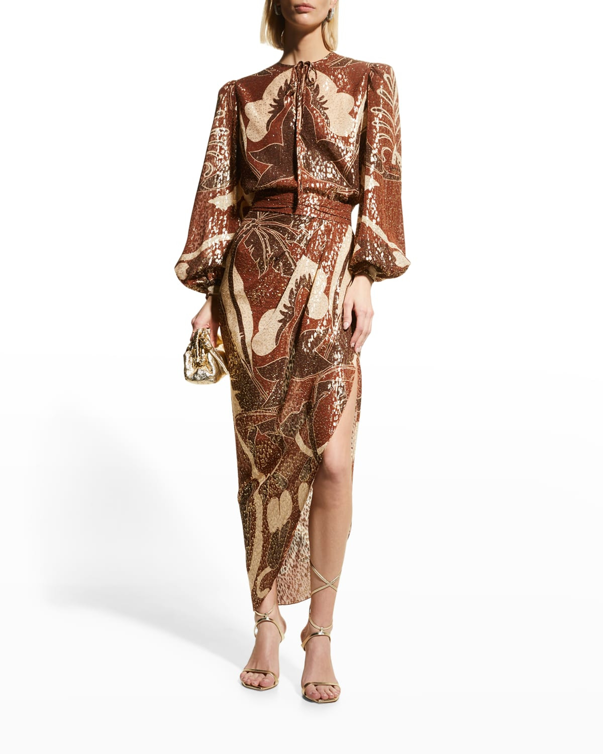 Furious Dancing Metallic Side-Slit Midi Skirt | Neiman Marcus