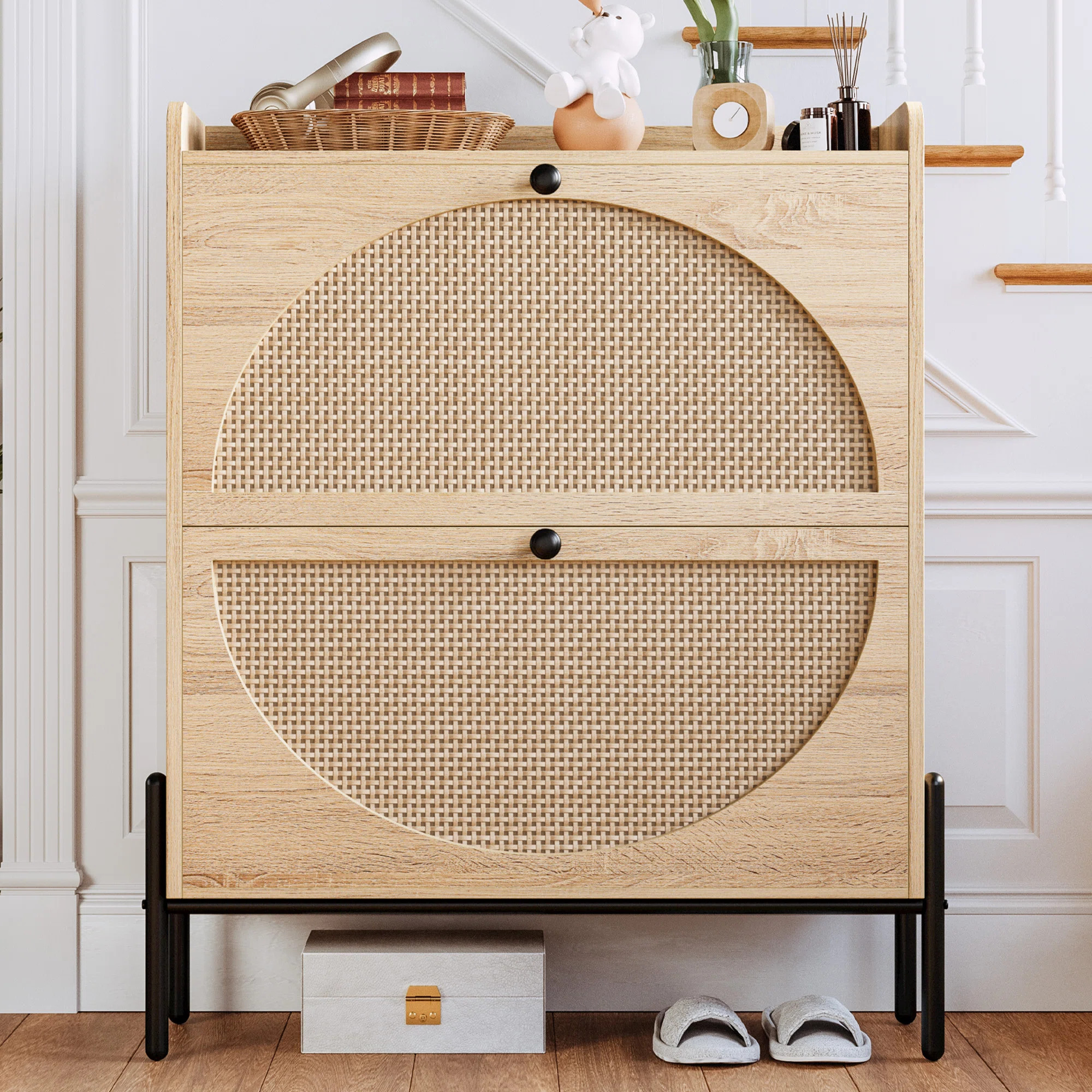 Rattan Shoe Cabinet With 2 Flip Drawers, Free Standing Wooden Shoe Storage Organizer Cabinet With... | Wayfair North America