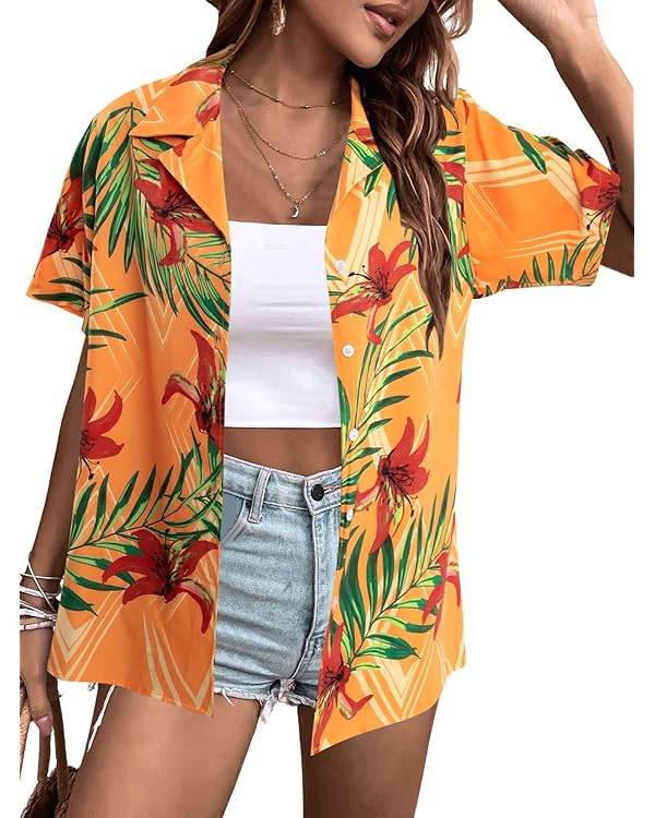 FLOYU Women's Hawaiian Shirt Tropical Button Down Outfits Hibiscus Flowers Blouses Beach Aloha V ... | Amazon (US)