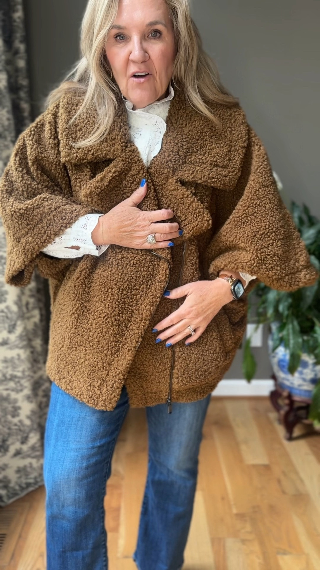 Teddy coat size M/L. Oooo I love this. On sale until 8/4 Sunday night and then the price goes up. Don’t miss it!
Lace blouse size 10. Jeans tts at loft. 

Fall coats fall jackets preseason Bernardo sale Bernardo coats 

#LTKMidsize #LTKSaleAlert #LTKOver40