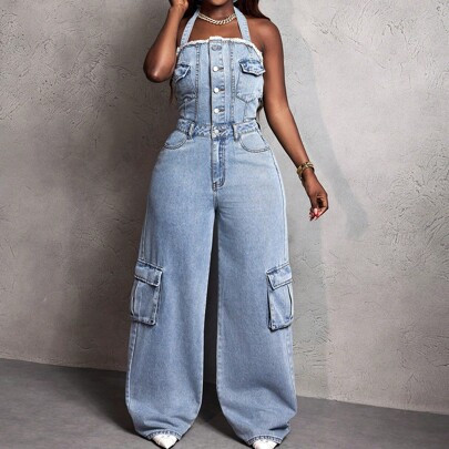 Women Casual Button Half Placket Jumpsuit With Pockets And Tie Closure | SHEIN