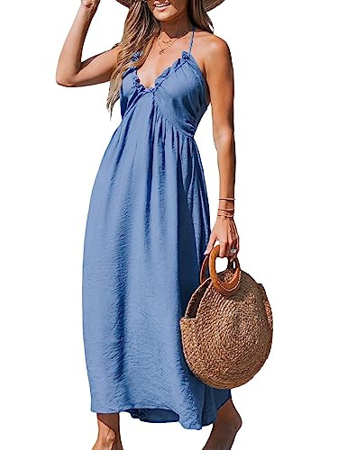 CUPSHE Women's Backless Beach Dress Halter Neck Ruffle Plunge V Neck Sleeveless Maxi Sundress Summer Dresses, Blue XS | Amazon (US)