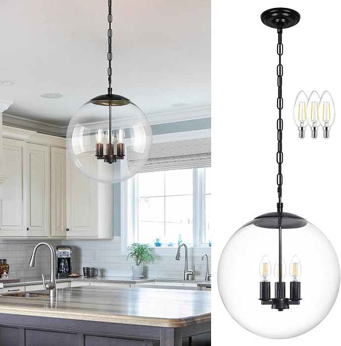 KoKo&Yukina 14" Black Globe Pendant Light Mid Century Pendant Light Clear Glass Pendant Lights Ki... | Amazon (US)
