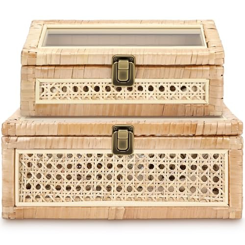 LOYIM Set of 2 Boho Rattan Decorative Box with Glass Lid Rectangular Woven Cane Stacking Boxes for Display Rustic Farmhouse Storage Basket Bins for Home Decoration | Amazon (US)