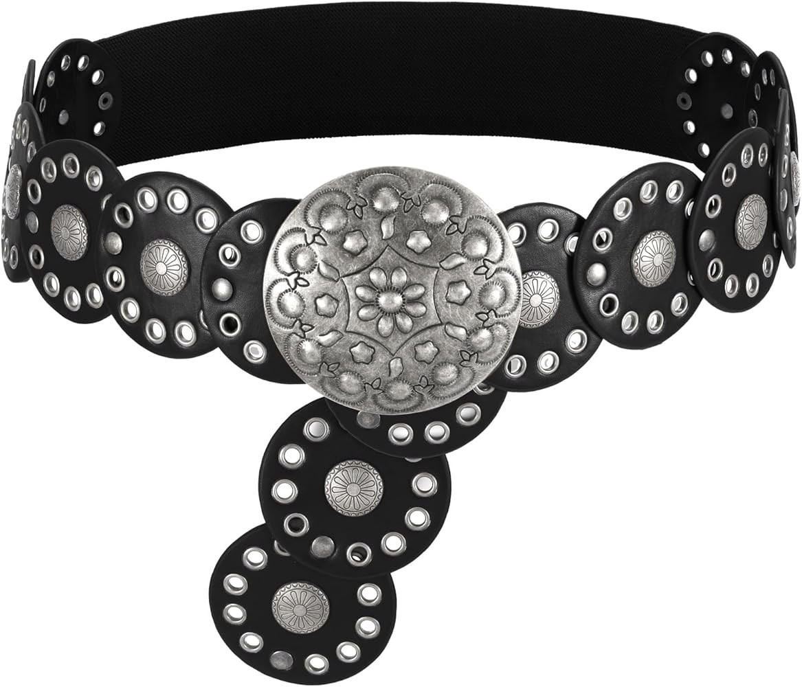 Women Western Boho Disc Belt Concho Wide Elastic Leather Waist Belt Vintage Country Chunky Ladies... | Amazon (US)