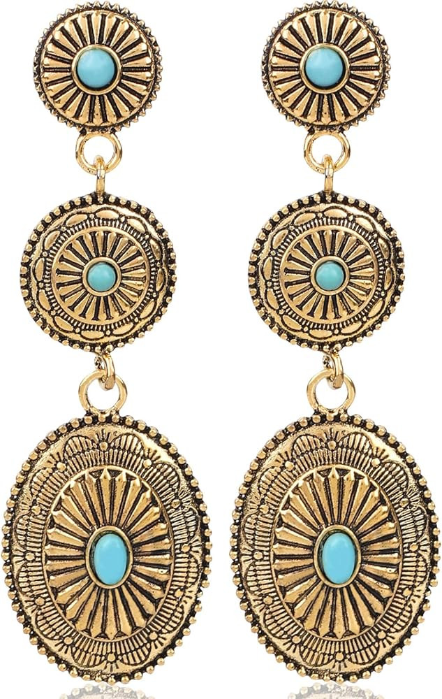 Western Earrings for Women, Oval Synthetic Turquoise Dangle Earrings Vintage Country Concert Conc... | Amazon (US)