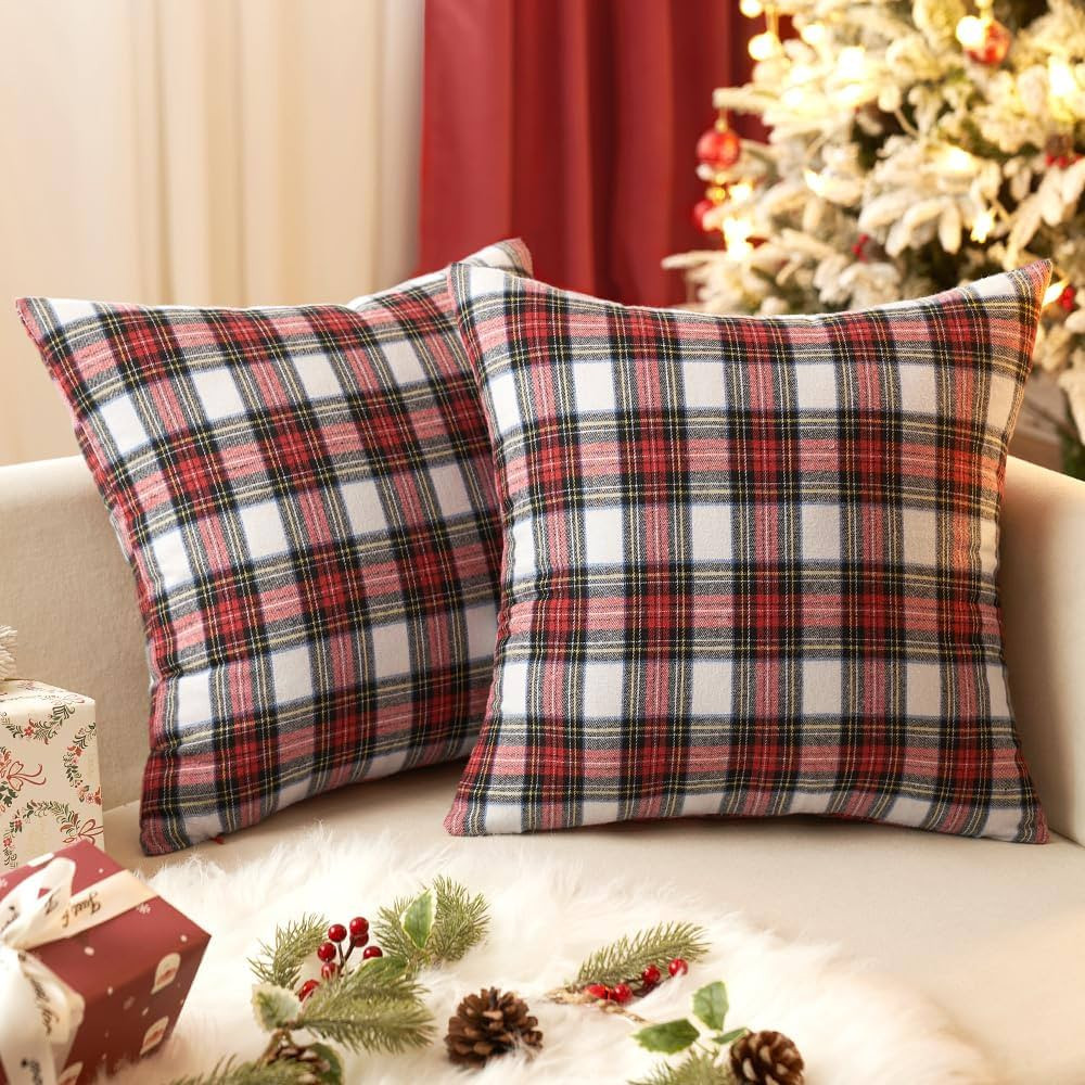 EMEMA Christmas Red and White Tartan Plaid Throw Pillow Covers 20x20 Inch Decorative Scottish Far... | Amazon (US)