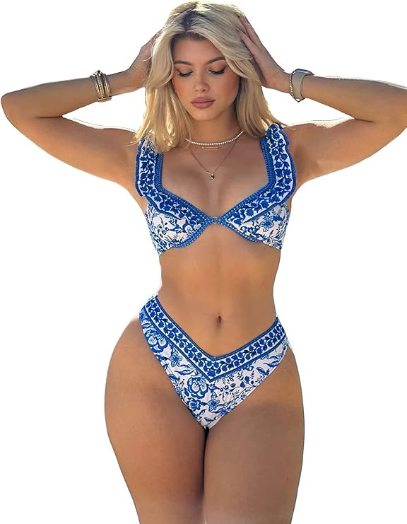 OYOANGLE Women's 2 Pieces Bikini Set Floral Print High Cut Underwire Bikini Swimsuit Swimwear | Amazon (US)