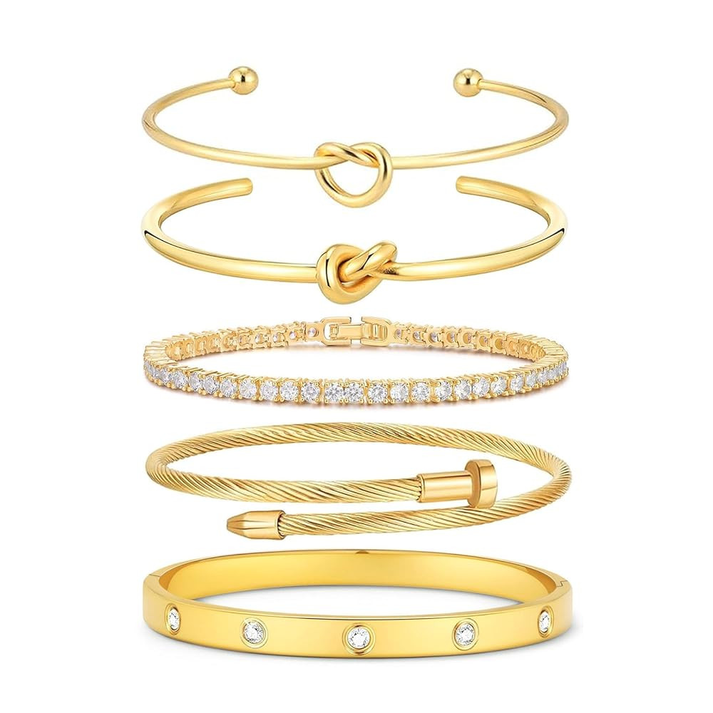 18 K Gold Plated Love Bangle Bracelet Stack Cuff Jewelry for Women Jewelry Set for Women Gift wit... | Amazon (US)