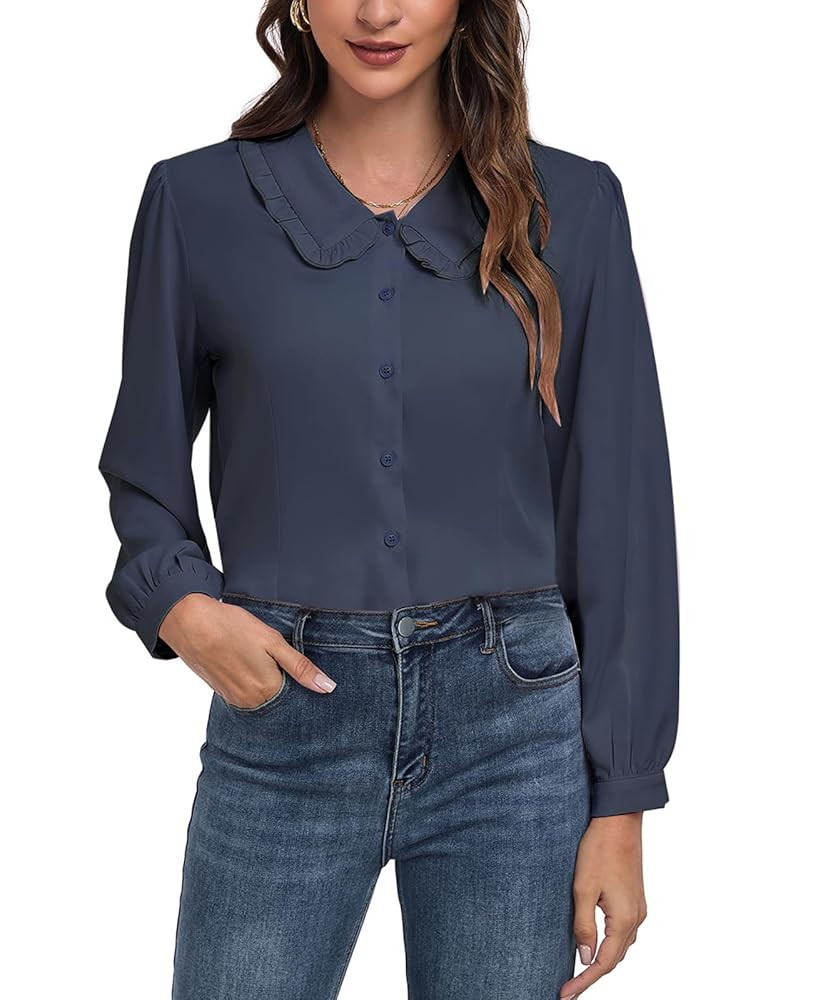 MINTLIMIT Women's Peter Pan Collar Shirt Long Sleeve Vintage Blouses Casual Work Button Down Shir... | Amazon (US)