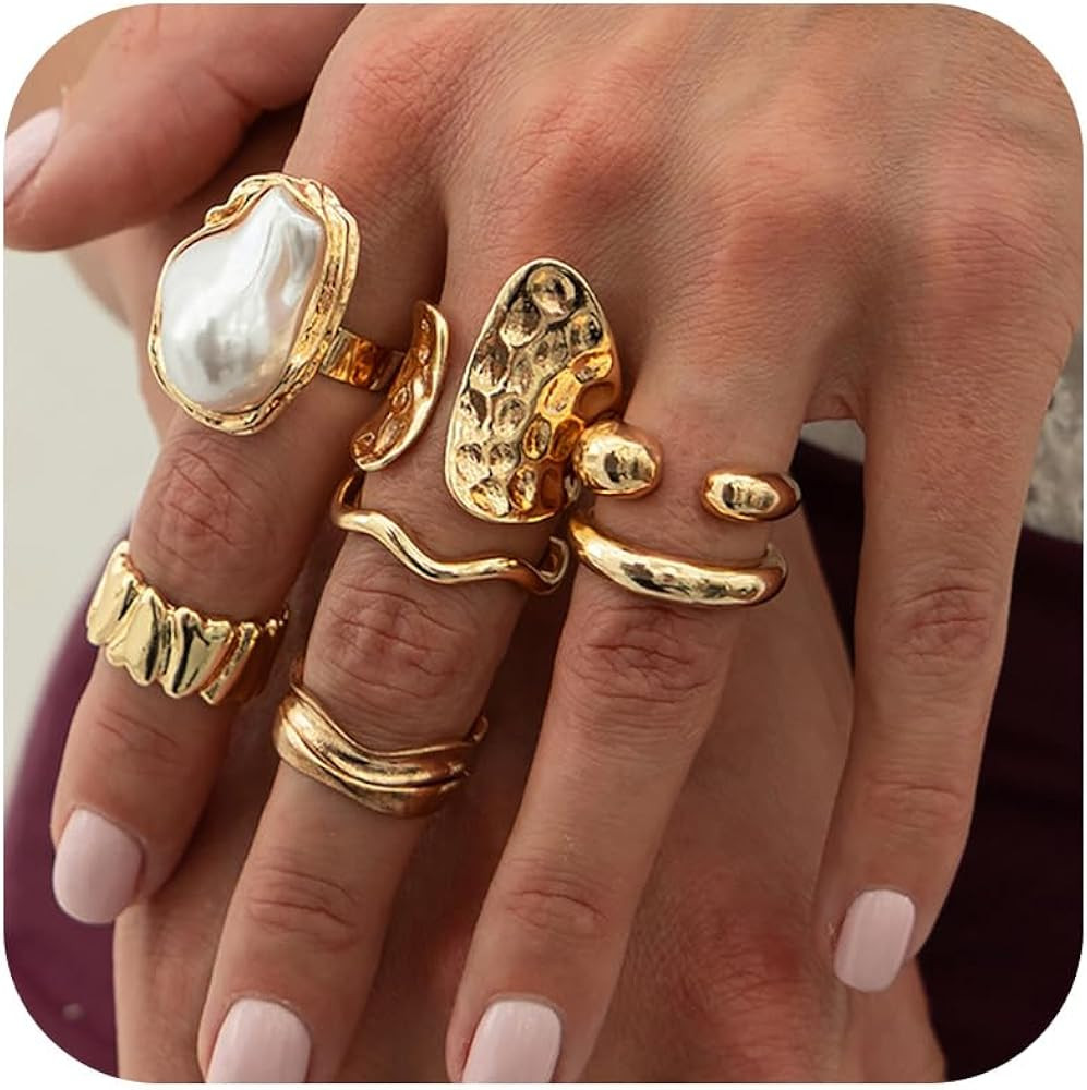 HUASAI Gold Stackable Rings for Women Statement Chunky Gold Rings Non Tarnish Boho Flower Seashel... | Amazon (US)