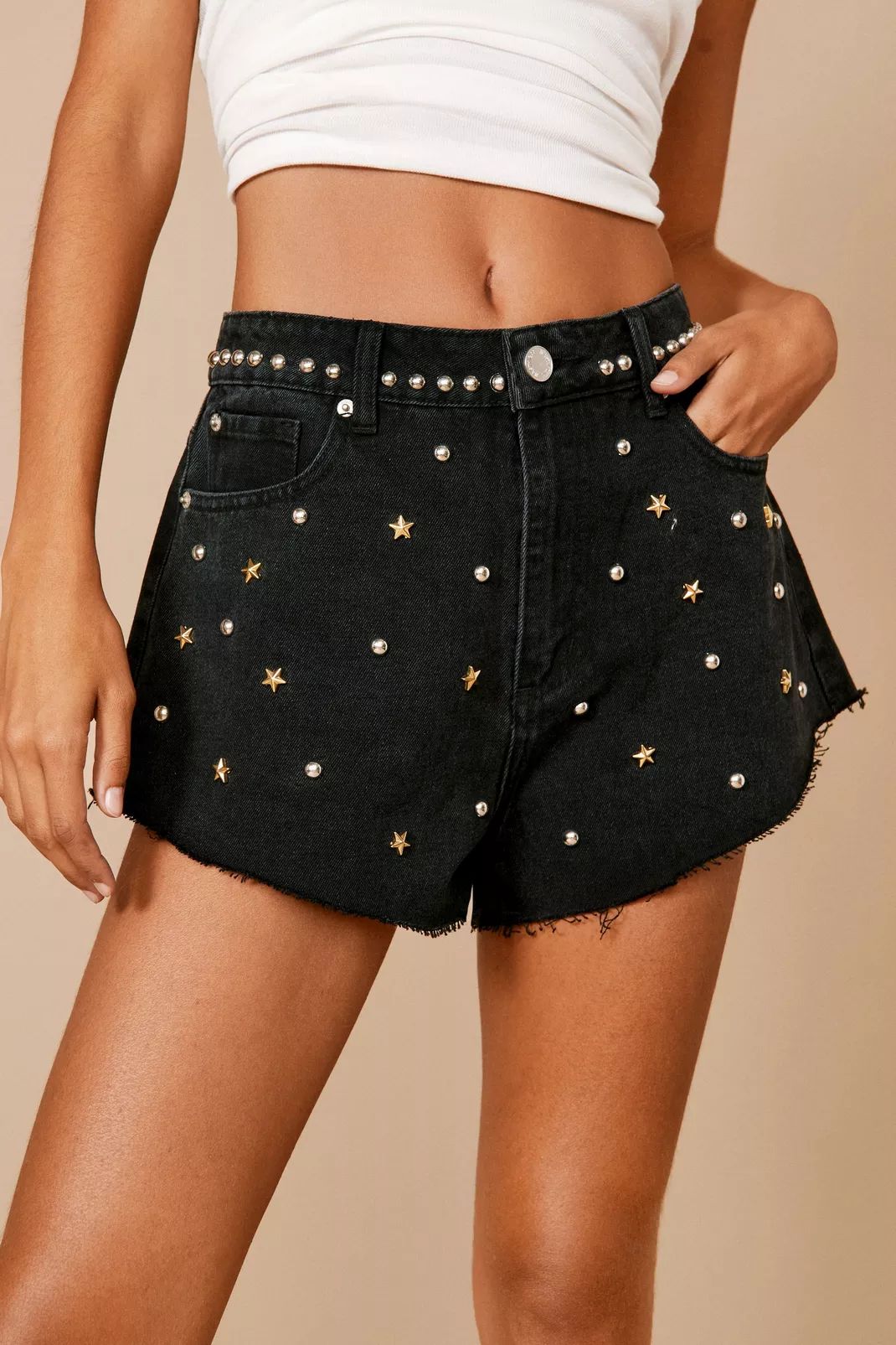 Premium Embellished Star Studded Denim Shorts | Nasty Gal (US)