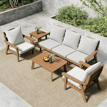 FOOWIN 7-Piece Patio Furniture Set, HDPE Outdoor Conversation Set with 5 Seating & Cushions, Perfect Patio Sofa Set for Garden, Porch, Backyard, Teak Frame with Beige Cushion | Walmart (US)