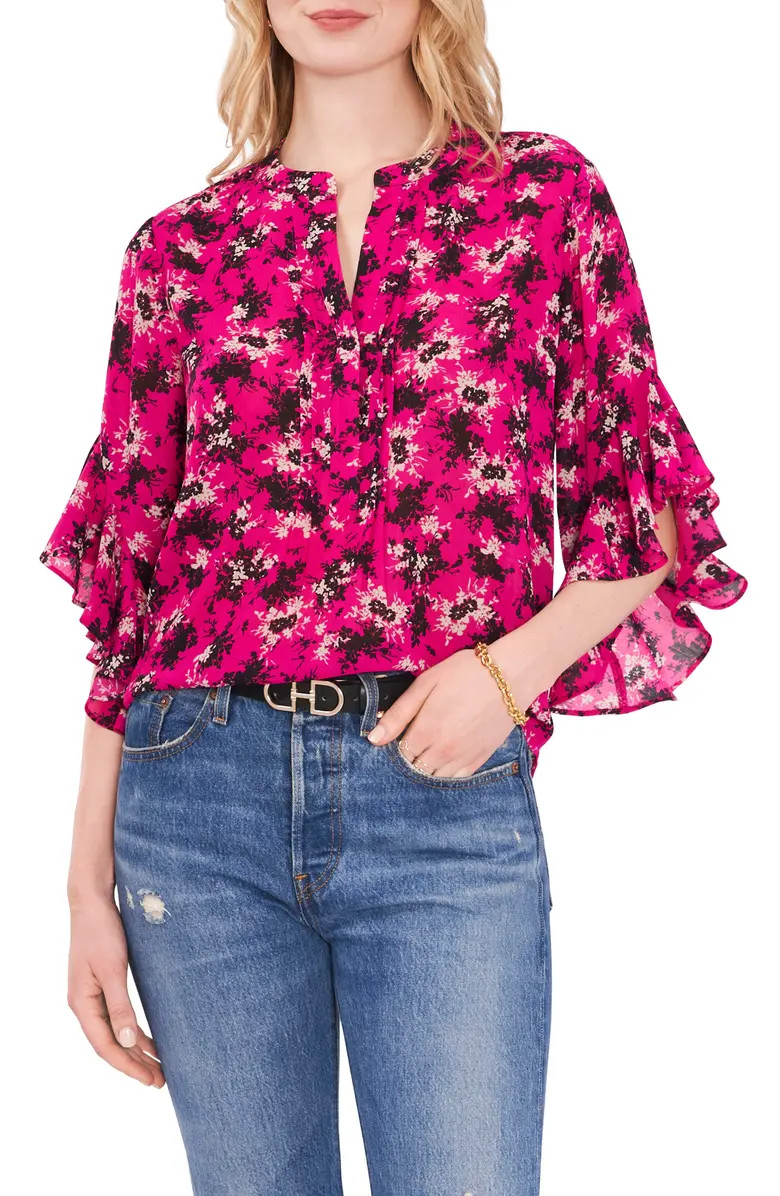 Ruffle Sleeve Split Neck Blouse | Nordstrom