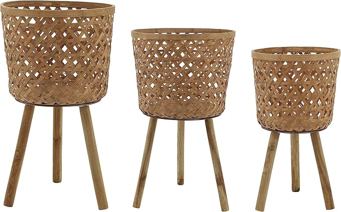 Sagebrook Home Set of 3 Wooden Planters with Stands - Handcrafted Bamboo Pine Wood, Woven Basket ... | Amazon (US)