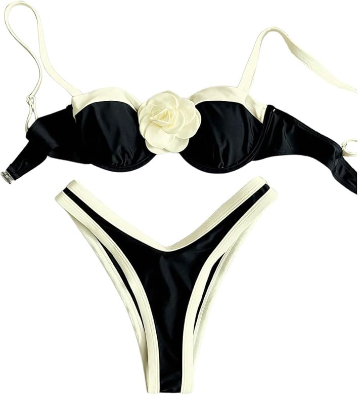 GORGLITTER Women's Two Piece 3D Flower Bikini Sets Contrast Binding High Cut Thong Swimsuits | Amazon (US)