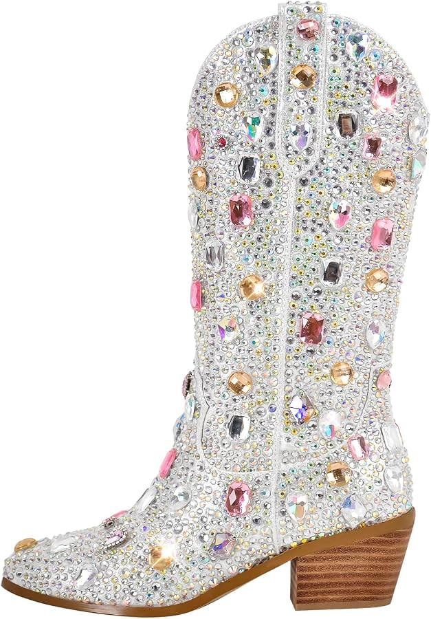 MissHeel Cowboy Boots Gl\u00e4nzende Stiefeletten mit Trichterabsatz Glitzer Westernstiefel verzi... | Amazon (DE)