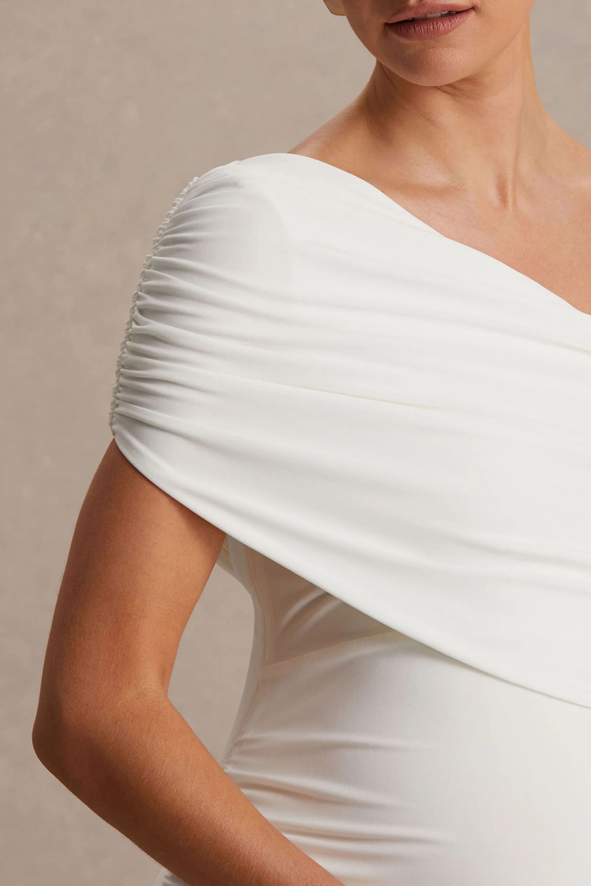 Noah | White Asymmetric-Neck Maternity Maxi Dress With Drop-Waist | Club L London