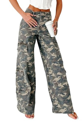 loveimgs Women Casual Camo Print Denim Pants Y2k Wide Leg Cargo Jeans Flare Distressed Camouflage Jeans Sweatpants Pockets (Small,Camo) | Amazon (US)