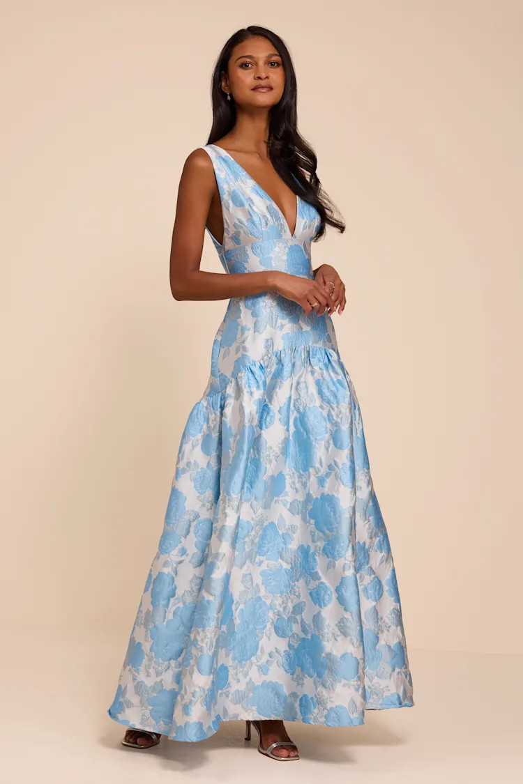 Valna Light Blue Floral Jacquard Drop Waist Maxi Dress | Lulus