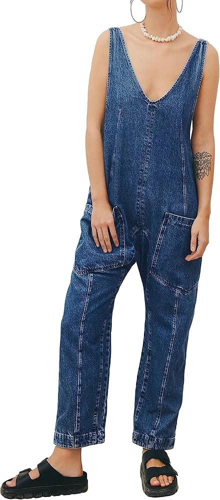PLNOTME Women's Denim Overall Jumpsuits Sleeveless V Neck Adjustable Straps Jeans Long Pants Romp... | Amazon (US)
