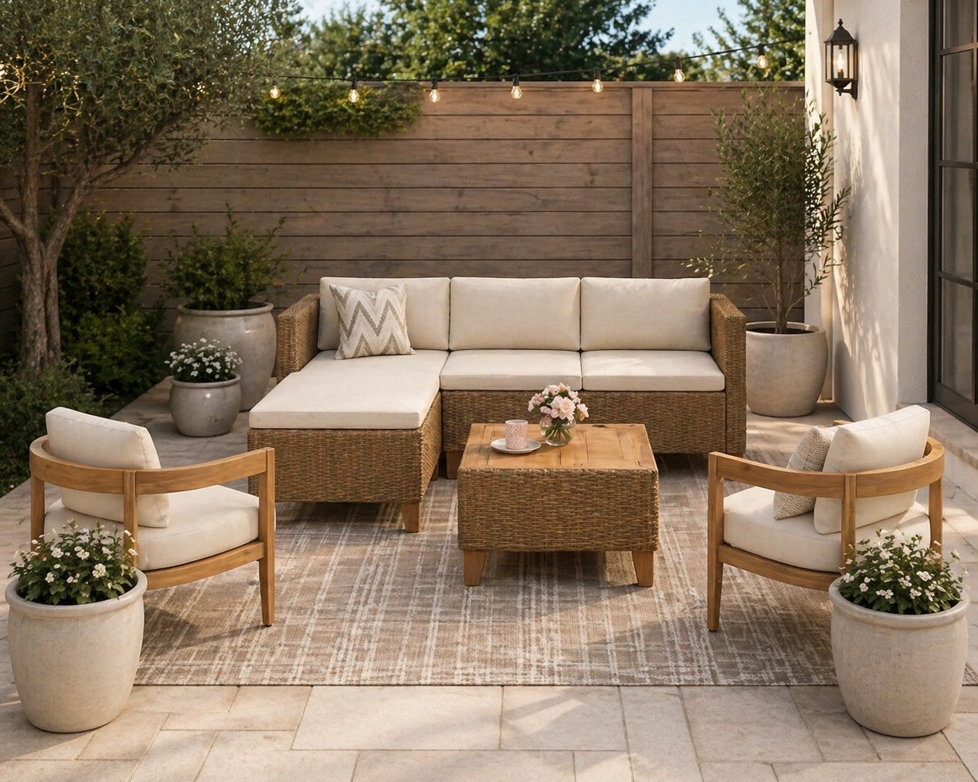 +image created with AI for inspiration purposes+ How pretty is this outdoor space? So many great budget friendly pieces! Rug is on sale under $100!!! 

Outdoor furniture, patio furniture, outdoor sectional, outdoor chairs, outdoor decor, outdoor area rug, planter

#LTKSaleAlert #LTKHome