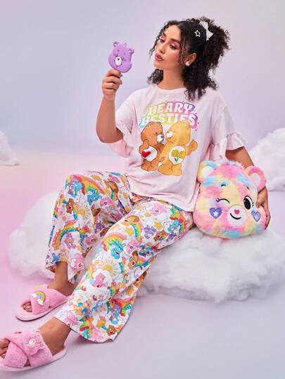 SHEIN X Care Bears Plus Size Y2K Cute Fantasy Colorful Pink Heart Stacked Bear Rainbow Star Print... | SHEIN