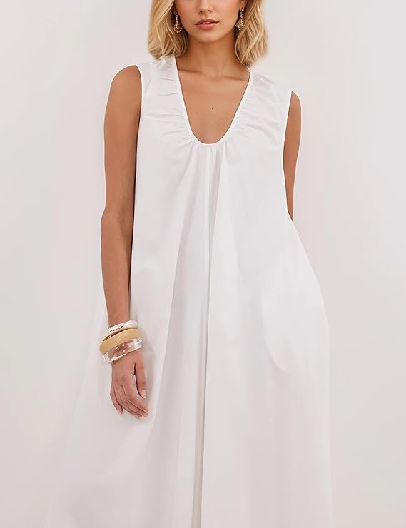 OLAPTA Women Summer Sleeveless Maxi Dress Scoop Neck Ruched Loose Fit Casual Elegant Solid Vacati... | Amazon (US)