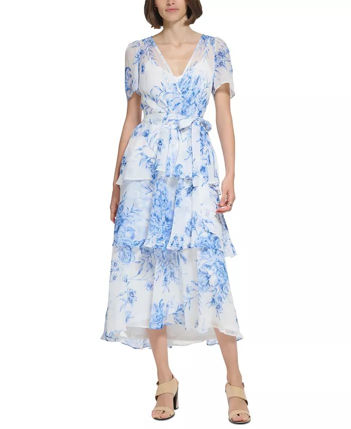 Women's Printed Chiffon Short-Sleeve Tiered Dress | Macys (US)