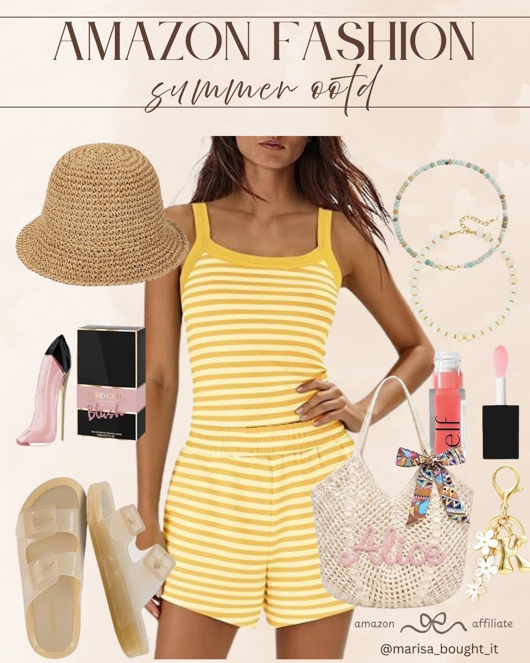 Soak up the sun in this sunny yellow striped two-piece set, perfect for the beach or a pool day! 💛

I've curated this collage with everything you need for the ultimate summer aesthetic, including a chic straw bucket hat and a personalized tote bag!

Shop my favorite beauty picks like the e.l.f. lip gloss and Good Girl perfume too!

#liketk #ltkstyletip #ltkunder50 #ltkspring #ltksummer #amazonfashion #amazonmusthaves #summerootd #beachdaylook #stripes #casualstyle #weekendvibes

#LTKootd #LTKSeasonal