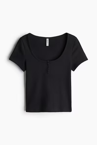 H & M - Button-Top Scoop-Neck T-Shirt - Black | H&M (US + CA)