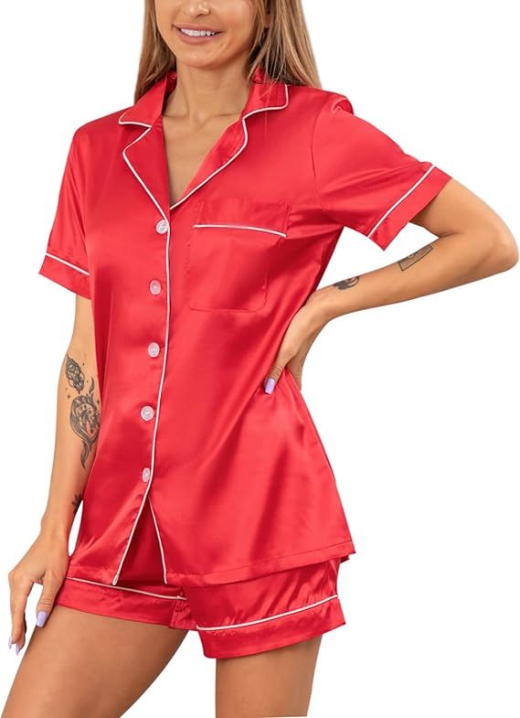 YIMANIE Womens Silk Satin Pajama Sets Two-piece Button Down Pj Set Sleepwear Loungewear for Women | Amazon (US)