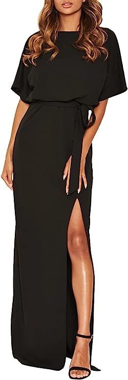 Happy Sailed Womens Formal Dress Batwing Sleeve Waist Belted High Slit Long Maxi Cocktail Party D... | Amazon (US)