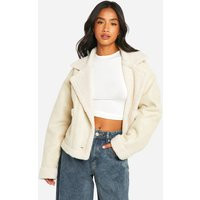 Womens Petite Borg Lined Faux Suede Jacket - Beige - 12 | boohoo (US & Canada)