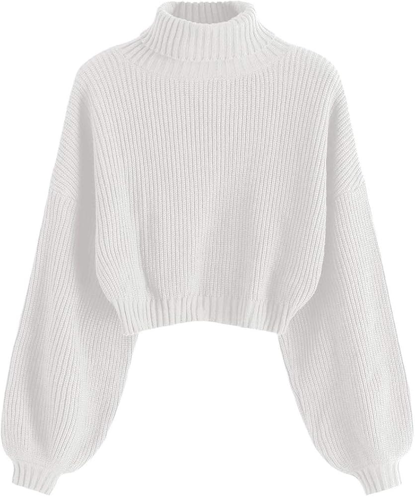 ZAFUL Women's High Neck Lantern Sleeve Ribbed Knit Pullover Crop Sweater Jumper | Amazon (US)