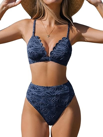 CUPSHE Bikini Set for Women Bathing Suit High Waisted Scalloped V Neck Two Pieces Swimsuit | Amazon (US)