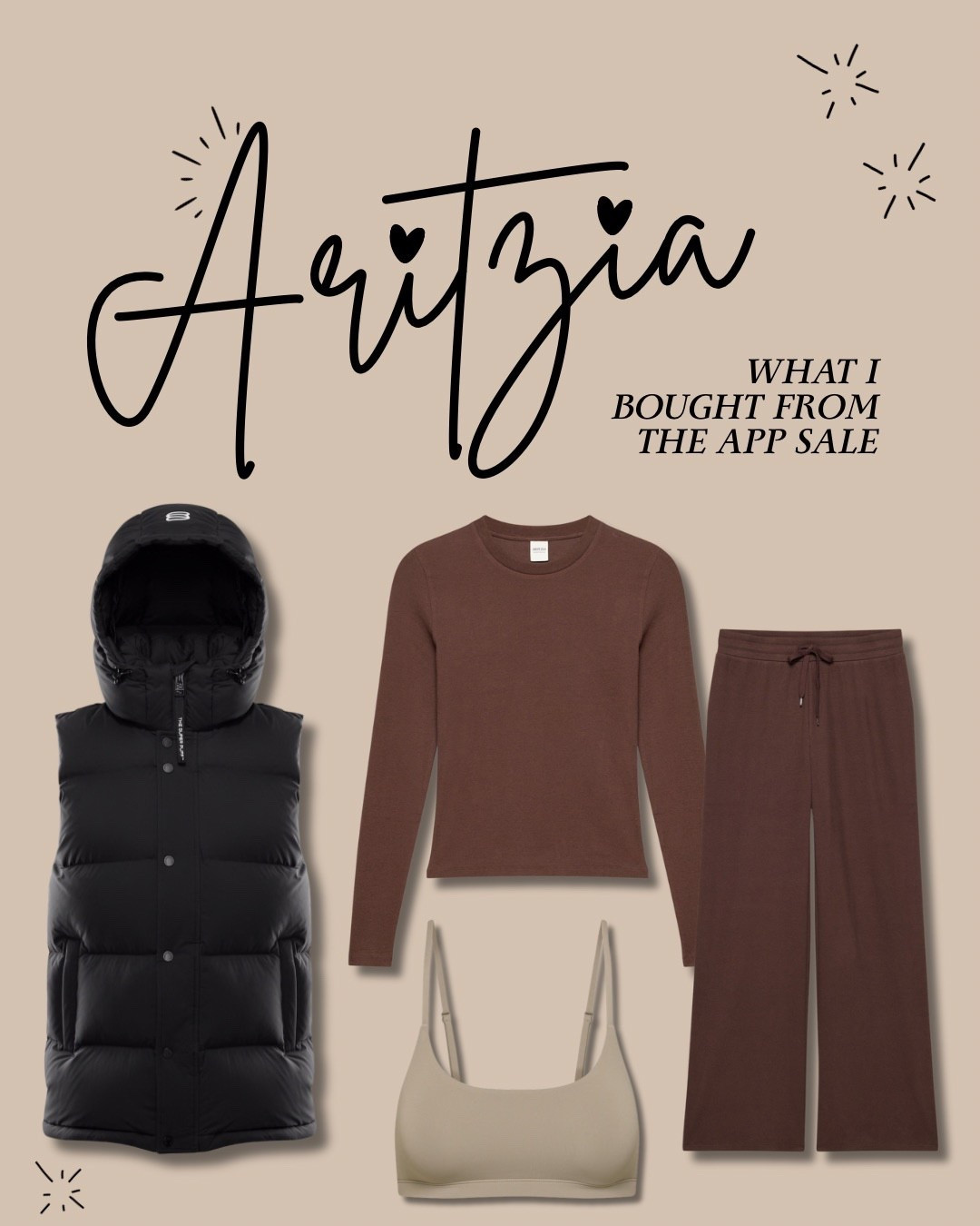 What I bought from the Aritzia app sale (20% off!) 

Vest: xs
Top: m
Pants: xs, reg. length (I'm 5'2" and they don't drag on the ground! Didn't need the short length)
Bra: m


#LTKsale #LTKcanada #LTKpetite