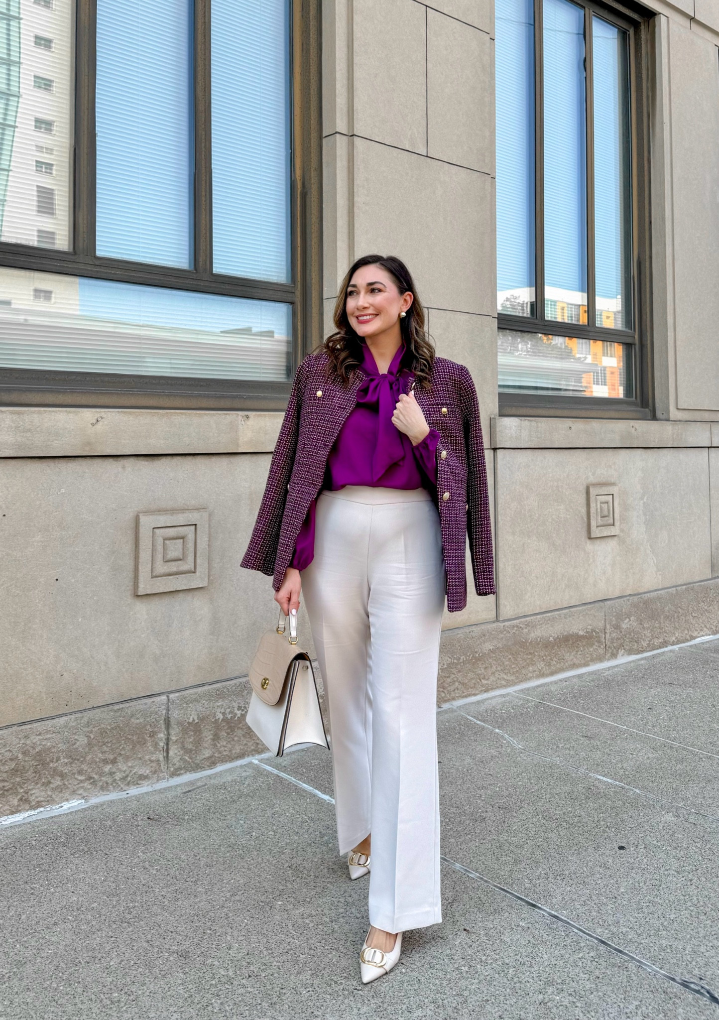 Fall work outfit 💜🤍 40% off & free shipping! 

Tweed jacket size 4, slightly big 
Purple tie neck blouse size small, TTS
Ivory trousers size 4 curvy, slight big but wouldn’t size down
Ivory sling back heels size 7, TTS

Business professional 
Work wear 



#LTKSaleAlert #LTKWorkwear #LTKStyleTip