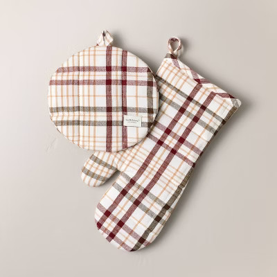 Set of 2 Fall Plaid Oven Mitts Burgundy/Brown - Hearth & Hand™ with Magnolia | Target
