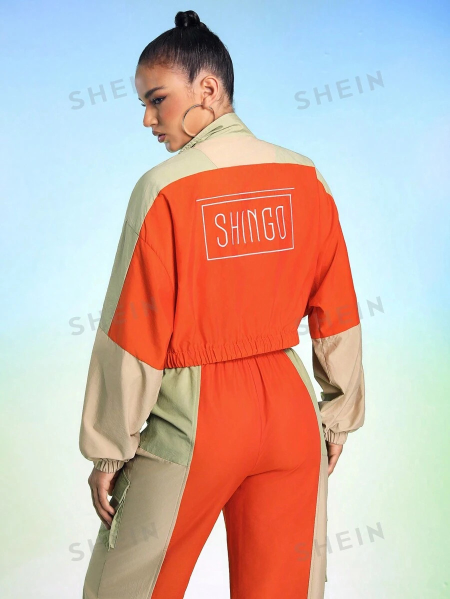 SHINGO Color-Blocked Crop Jacket With Logo, Fall Women Clothes, For Autumn & Winter | SHEIN