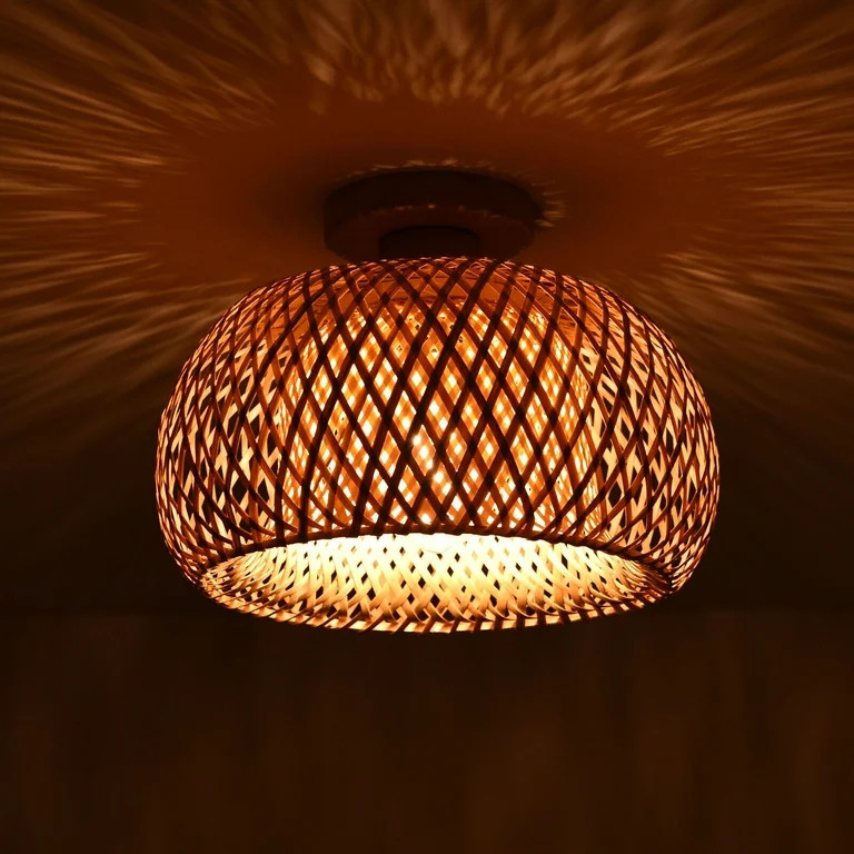 DENEST Vintage Bamboo Wicker Rattan Lantern Ceiling Light Fixture Semi Flush Mount Lamp - Walmart... | Walmart (US)